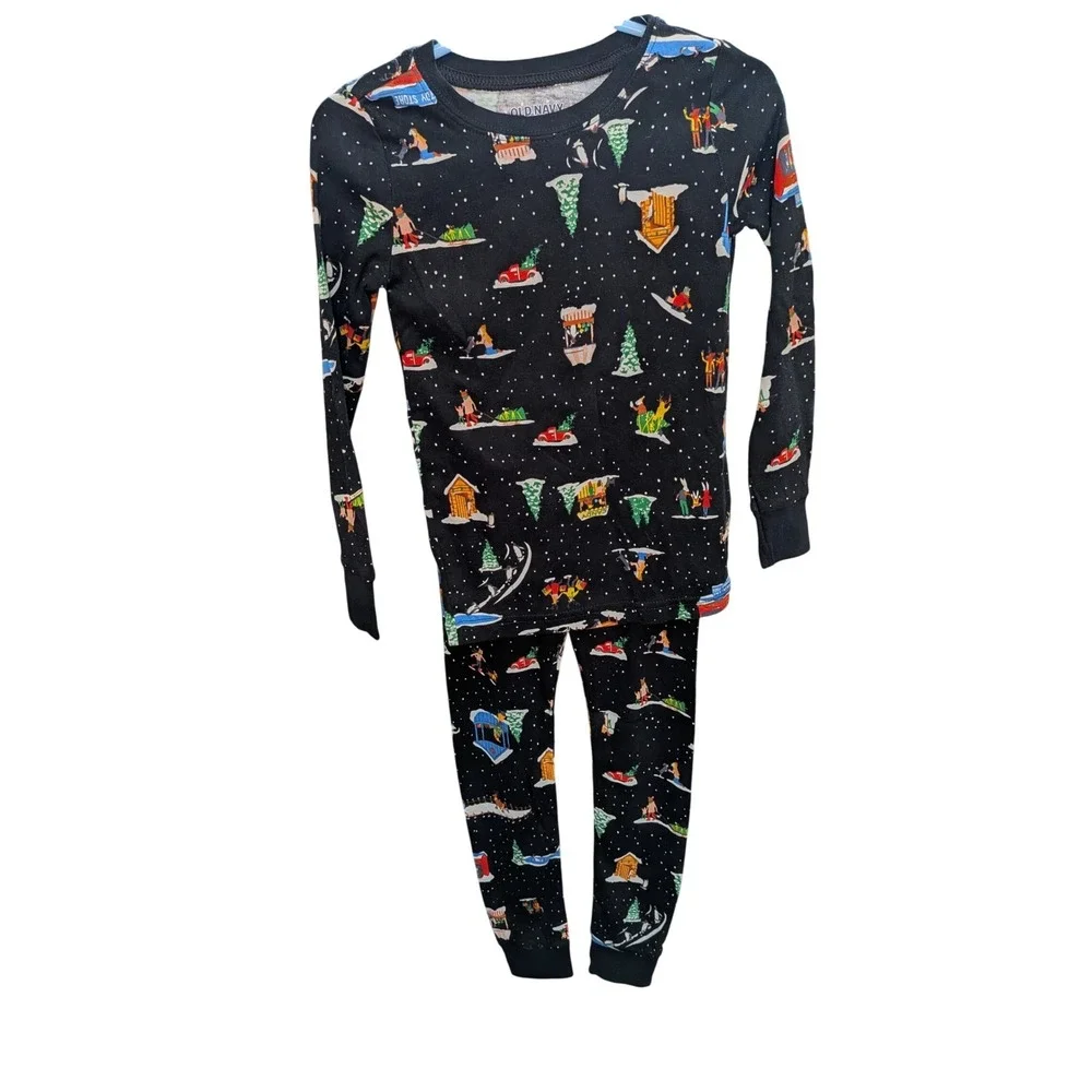 Old Navy Kids 4T Winter Village Ski Scene‎ Pajama Set Black 2-Piece NWT